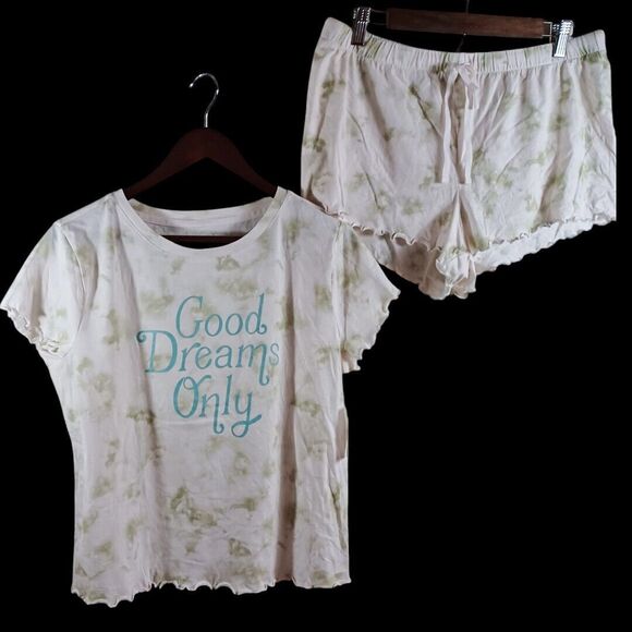 Lauren Conrad Intimates Lounge Set Tie Dye Tee Shorts White Green NWT Sz L - Picture 2 of 10